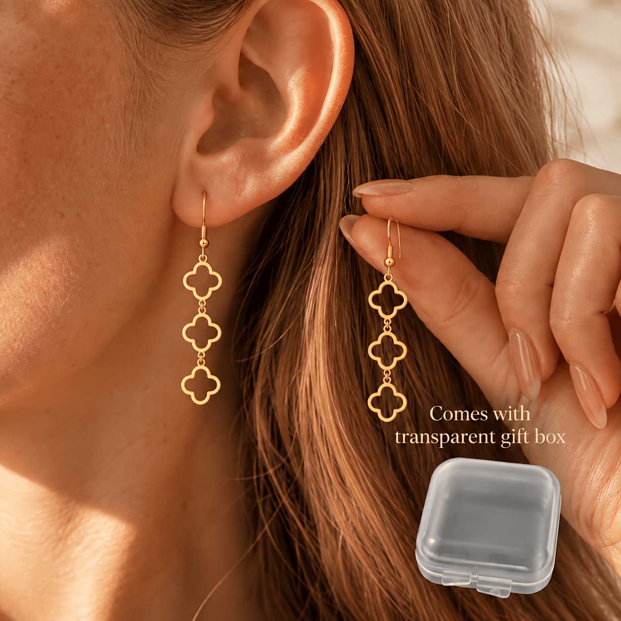 TEMU Une paire de boucles d'oreilles crochet en acier inoxydable, avec un motif de chaîne à à feuilles creux à triple maillon. Profil léger et fin