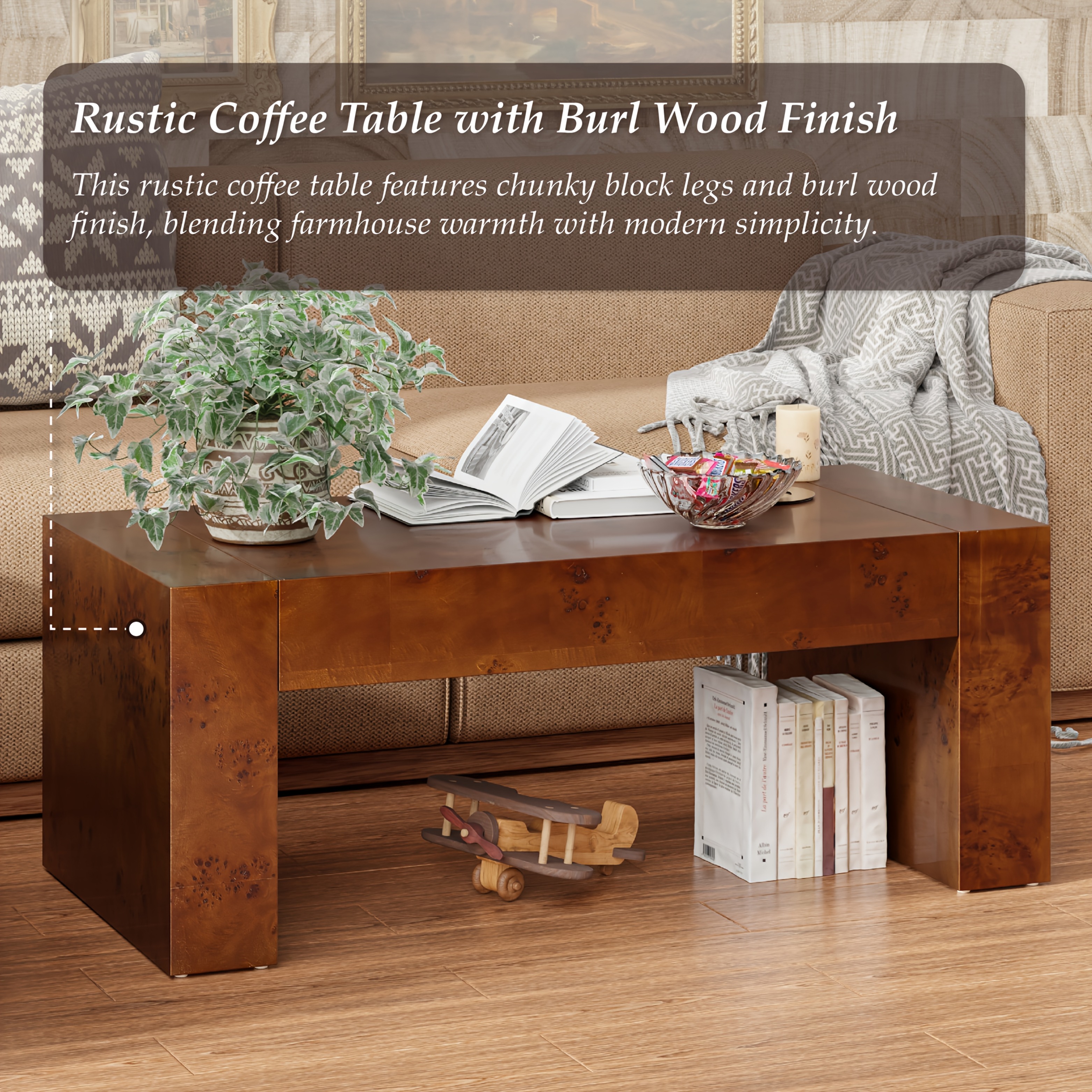 Modern Burl Wood Finish Coffee Table Suitable for Living Spaces, Minimalist Rectangular Center Table with Brushed Block Legs & Density Board Top, Sturdy /Outdoor Furniture for, Balcony, Entryway - Assembly