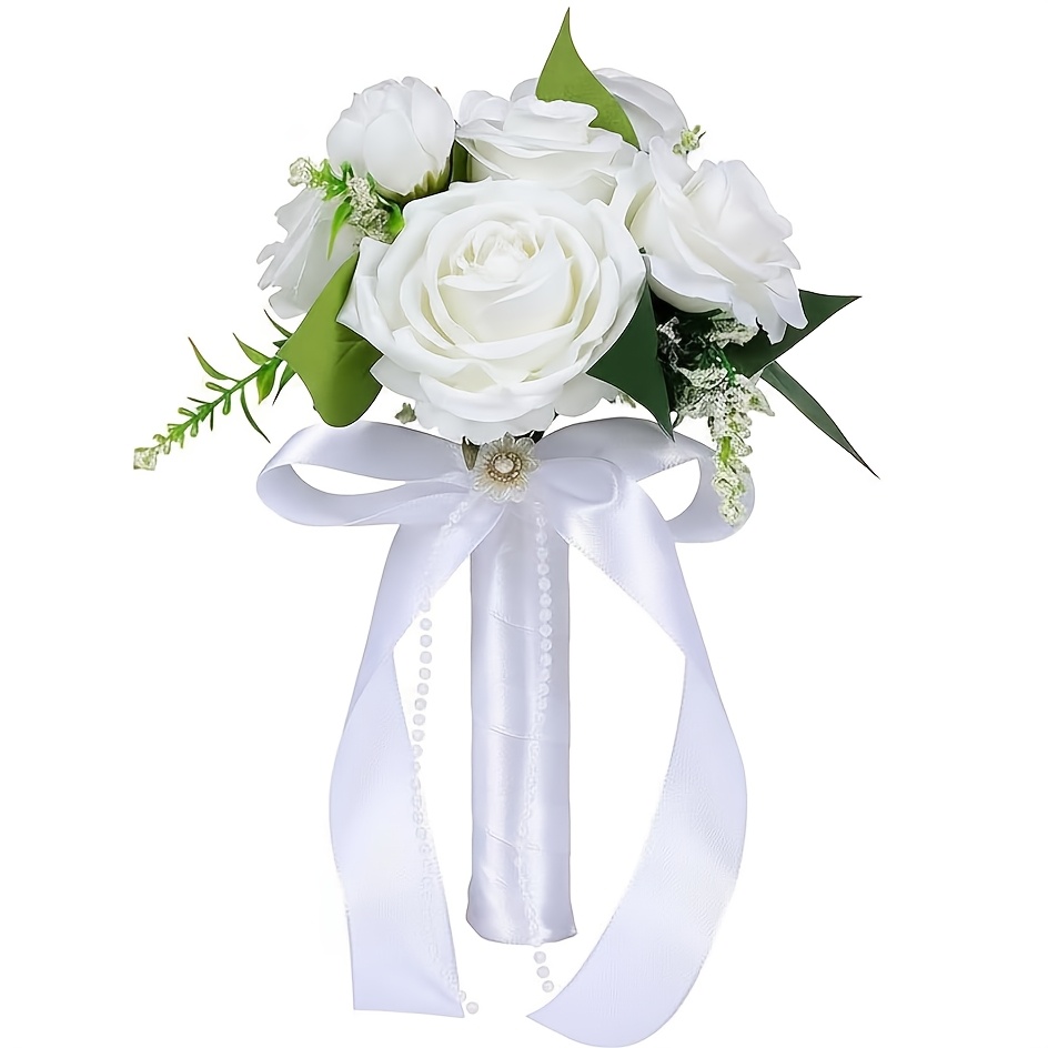 Brautstrauß: Langstieliger künstlicher Hochzeitsstrauß mit Schleifenband. Realistischer künstlicher Blumenstrauß * für Hochzeiten, Heiratsanträge, Bräute, Brautjungfern, Valentinstag