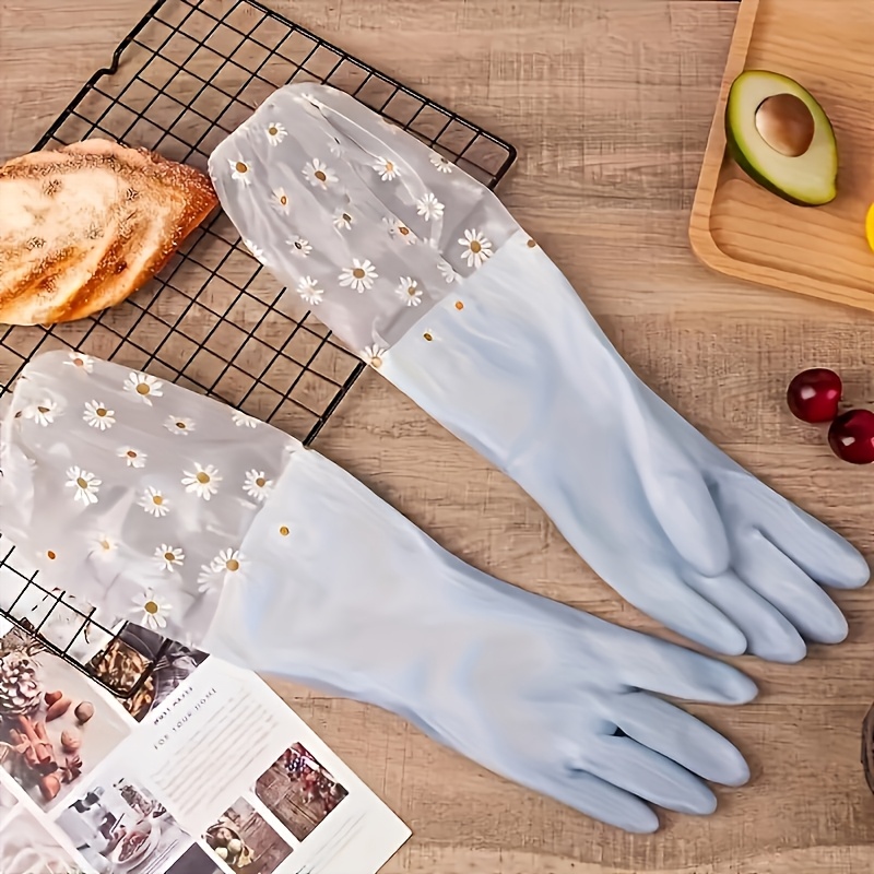 1 pair daisy pattern waterproof pvc cleaning gloves, non-slip dishwashing gloves for kitchen, home, laundry, bathroom, toilet, living room - alcohol free,   use, gloves for cleaning details 3