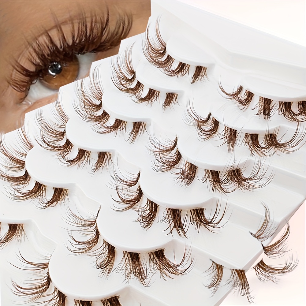 6 Pairs Brown Lashes Fluffy Lashes Transparent Stem Invisible Band Lashes Crisscross Fox Eye Effect Mink Lashes