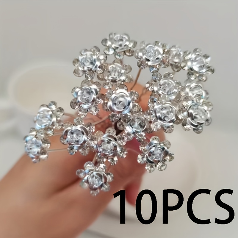E-shop 10 Stk., Damen U-förmige silberne Rosen Haaraccessoires, Strass-Rosen Braut-Haarspange für Dutt und Pferdeschwanz, Tägliche Einfache All-Match