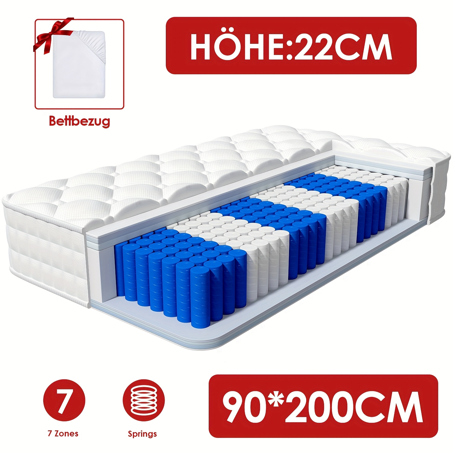 TEMU Carroltt Mattress, Mattress 140x200cm, Mattress 22cm Height, Firmness Grade H3, 7-zones Mattress For Adults