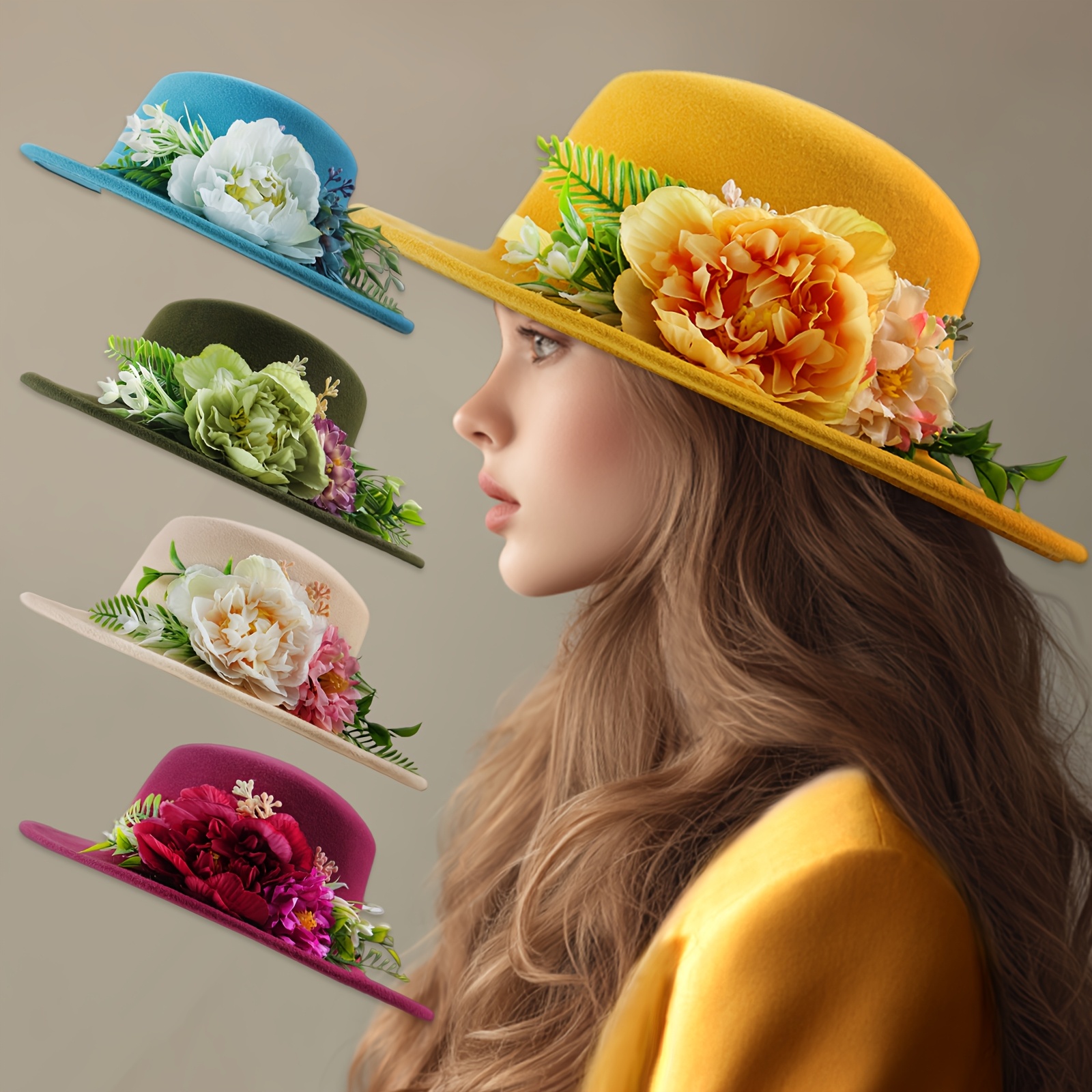 Elegant Brown Hat with Yellow Floral Detail Yellow Rose Wide Brim Straw Hat, Kentucky Derby Hat, Church  main image 3