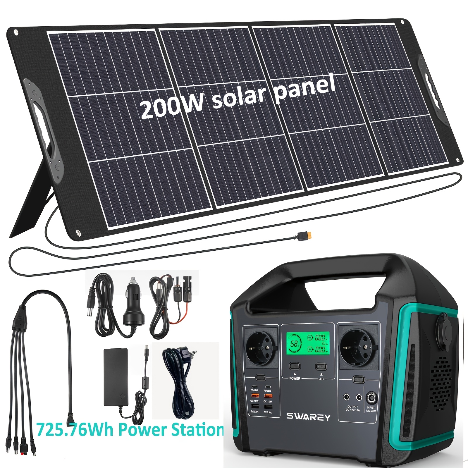 Image of Swarey 725.76 Wh/1000w Power Station With 200w Solar Panel, Solar Generator, 2 W Ac Output, 2 W Usb-, Power Generator Battery For Camping, Travel, Fishing, Motorhome And Smartphone Tablet