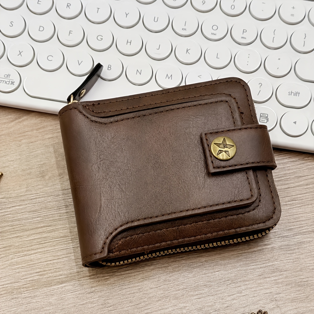 TEMU 1pc Mens Slim Pu Leather Card Holder Wallet, Vintage Zipper Coin Cash Purse, Compact Button Buckle Bifold Wallet, Office Commute, Black Brown,
