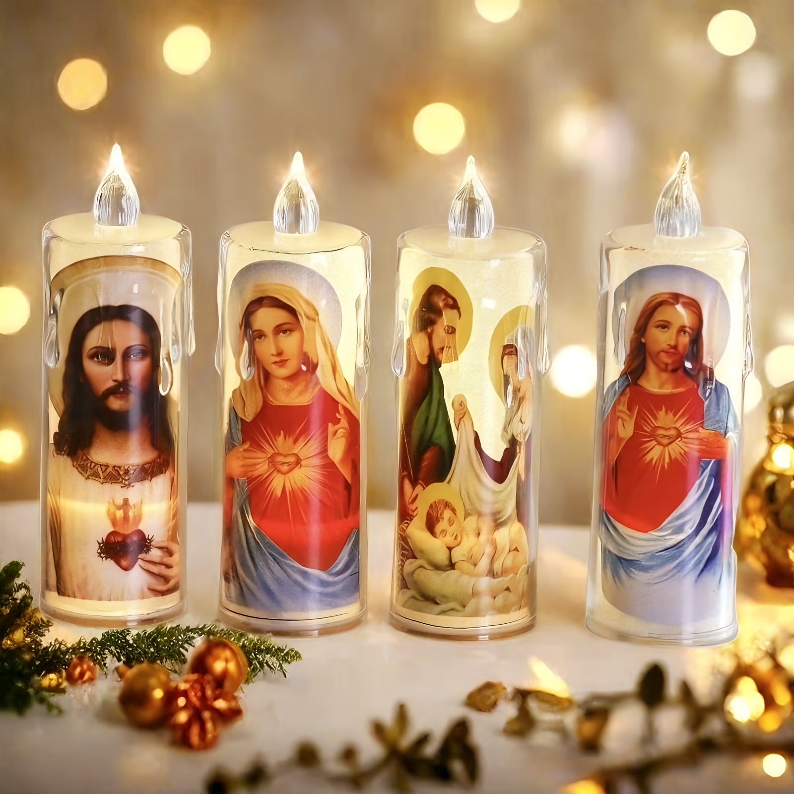 4pcs Religious LED Prayer Candles - Sacred Art Designs with Jesus, Mary, and Angels, Safe & Silent, Battery Operated, Perfect for Home Decor, Holiday, Birthday, and Church Ceremonies, Holiday Decor | Serene Atmosphere | Durable Plastic Candles, Christmas Decorations