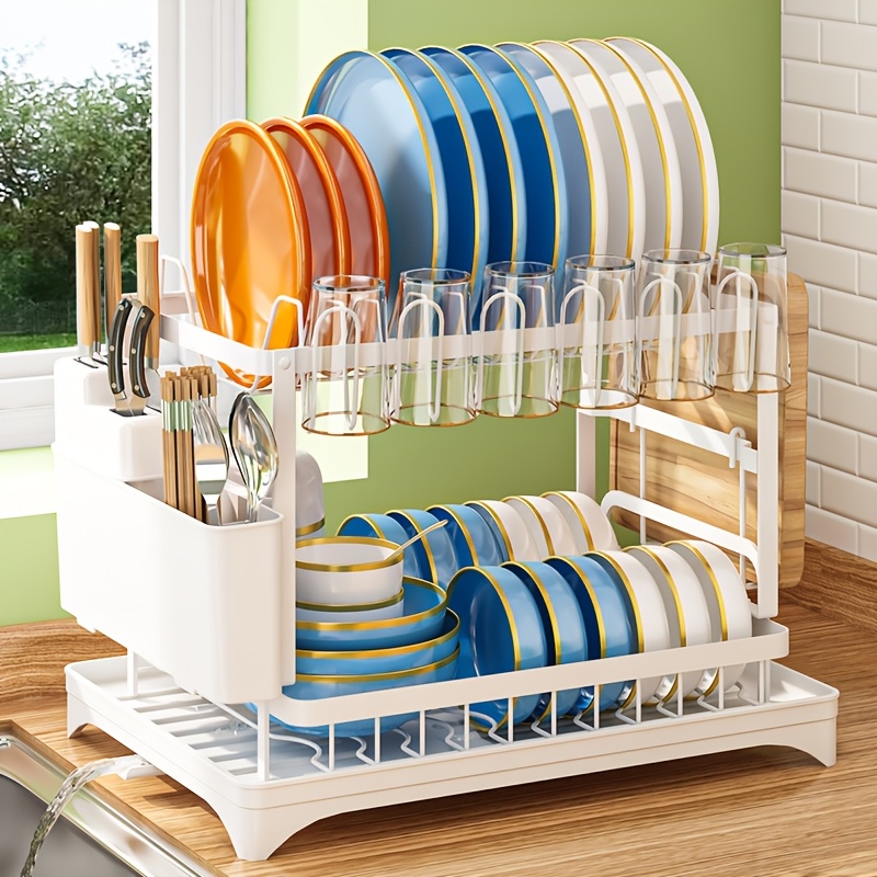 

2-tier Easy-install Detachable Dish Rack Set With Cup Holder, , And Utensil Holder - Kitchen Organizer For Over Sink Storage, Dish Drying Rack