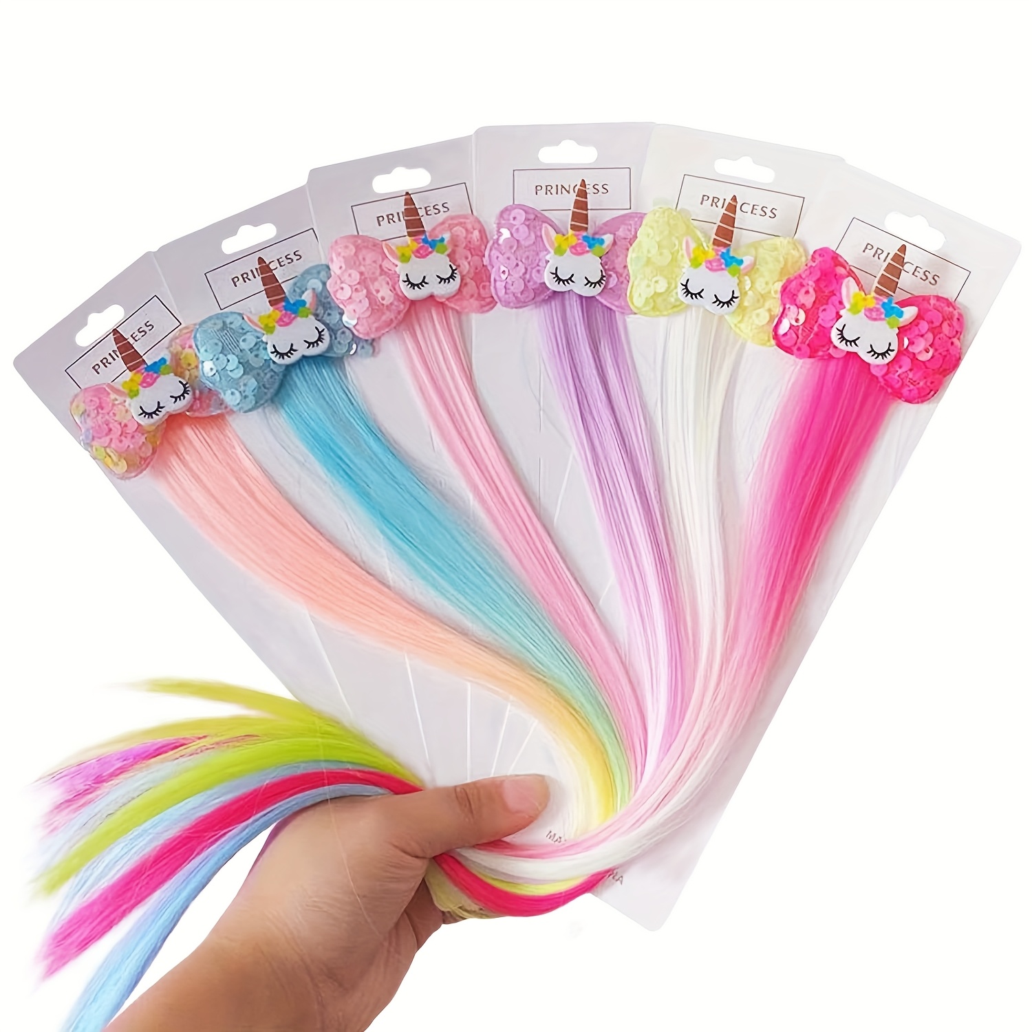 E-shop 6 Farben Einhorn Perücke Haarspangen mit Schleifen für Mädchen, zum Flechten und Verlängen von buntem Haar, Ideal für Prinzessinnenkostüme und
