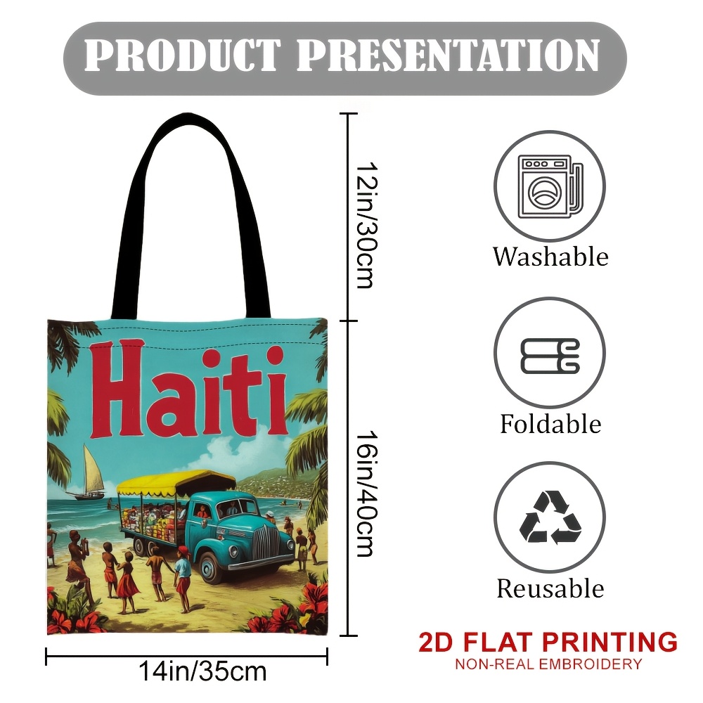 TEMU 2d Printing, 1pc Haiti Beach Market Scene Pattern Handbag, Great For Daily Activities, With Fixed Shoulder Strap, Convenient Single Shoulder