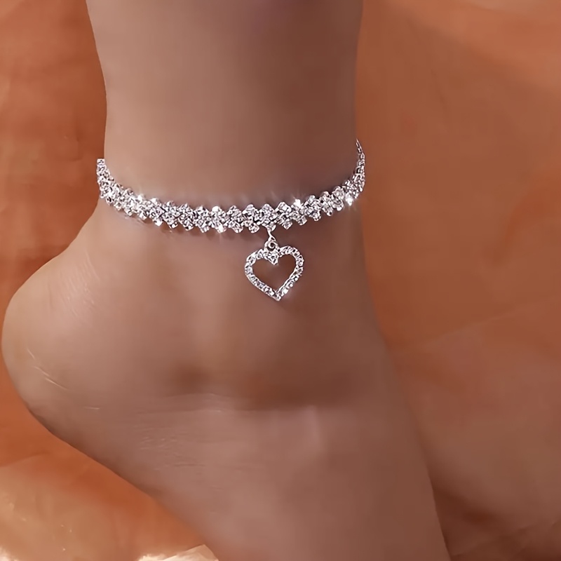 TEMU 1pc Bracelet de Cheville Pendentif Cœur avec Strass, Entièrement Incrusté de Strass, Style Élégant et Luxueux pour Femmes