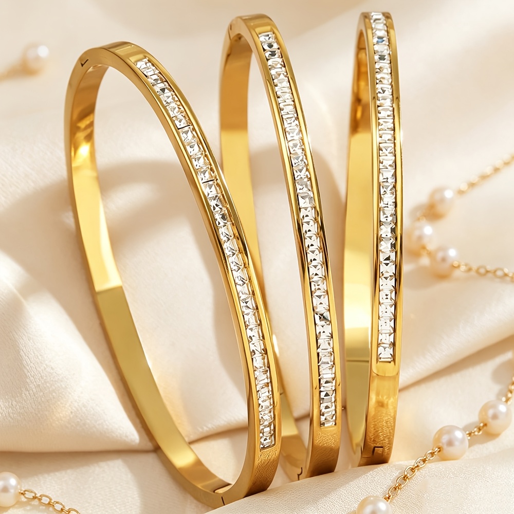 TEMU 3pcs 18k Gold-plated Stainless Steel Women's Bracelet Set, Shiny Synthetic Inlaid Hinged Bangle, Luxurious Daily And Party Jewelry Gift