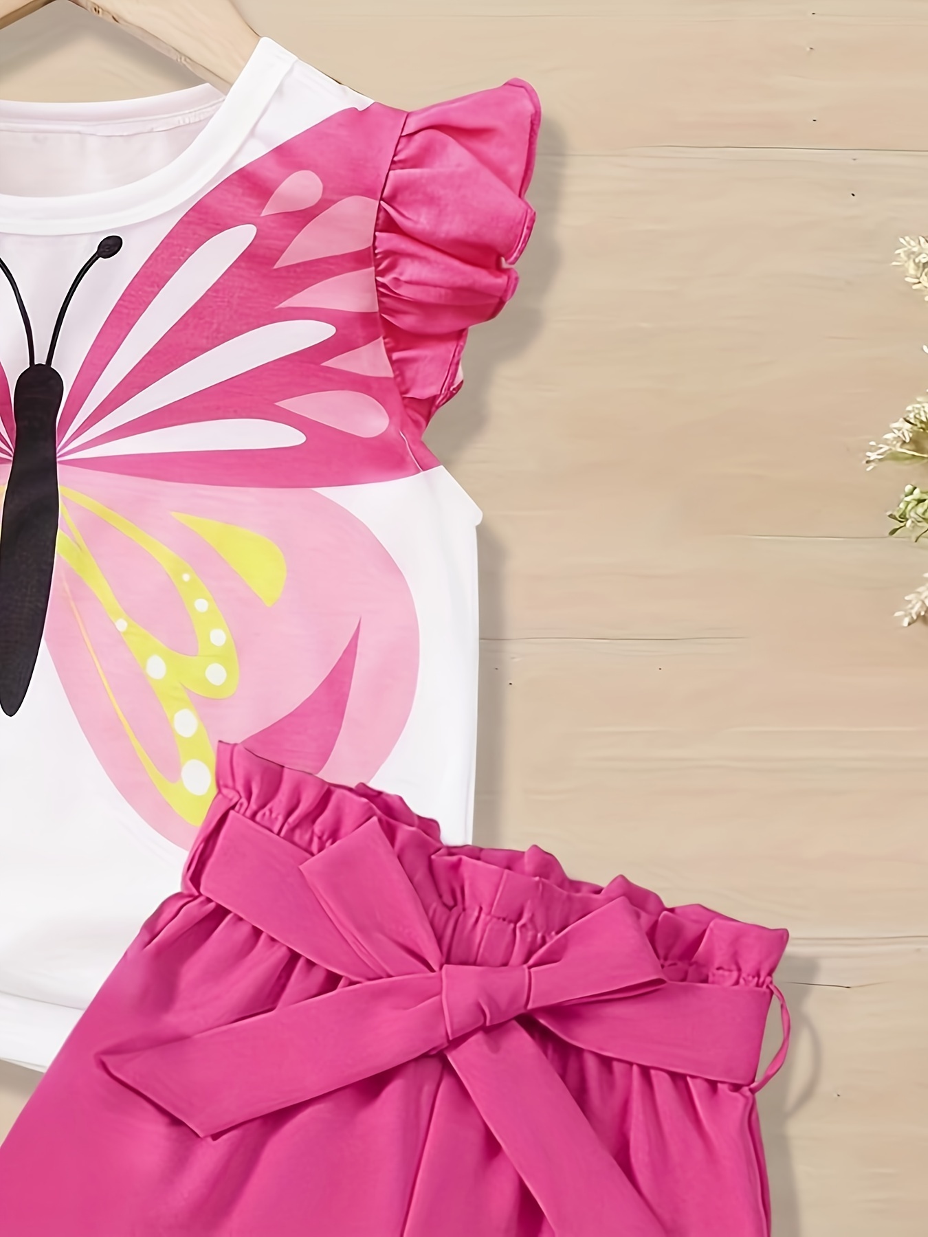 Girls' Puff Sleeve Butterfly Print Short Sleeve Top And Pink Ultra-Loose Long Pants Fashion Outfit, for Outdoor