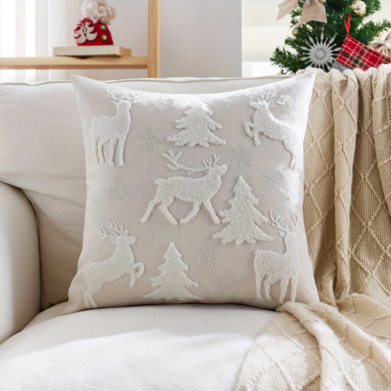 Image of 1pc, Christmas Textured Linen Pillowcase, Christmas Deers & Trees Pillowcase, Single Side Embroidery, Suitable For Sofa, Living Room, Bedroom Home Decoration