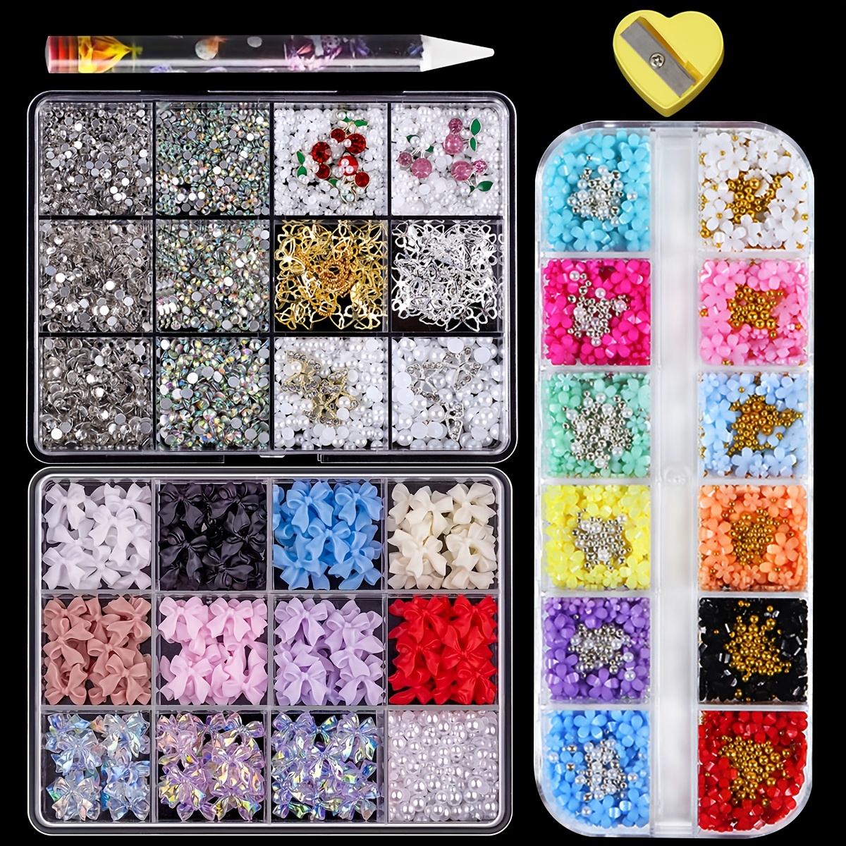 TEMU 3 Boxes Of Nail Accessories Multi-style Mixed Resin Bow Pearl Flat Back Glass Nail Decoration Suitable For Diy Art Accessories