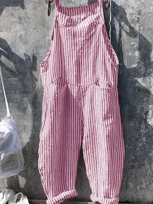 loose leg womens striped sleeveless suspender pants with front double pockets spring and summer casual wear