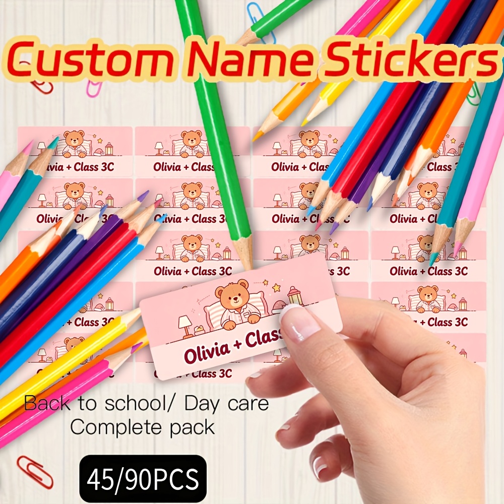 45/90pcs Goodnight Bear Style Custom Name Stickers for Back-to-School