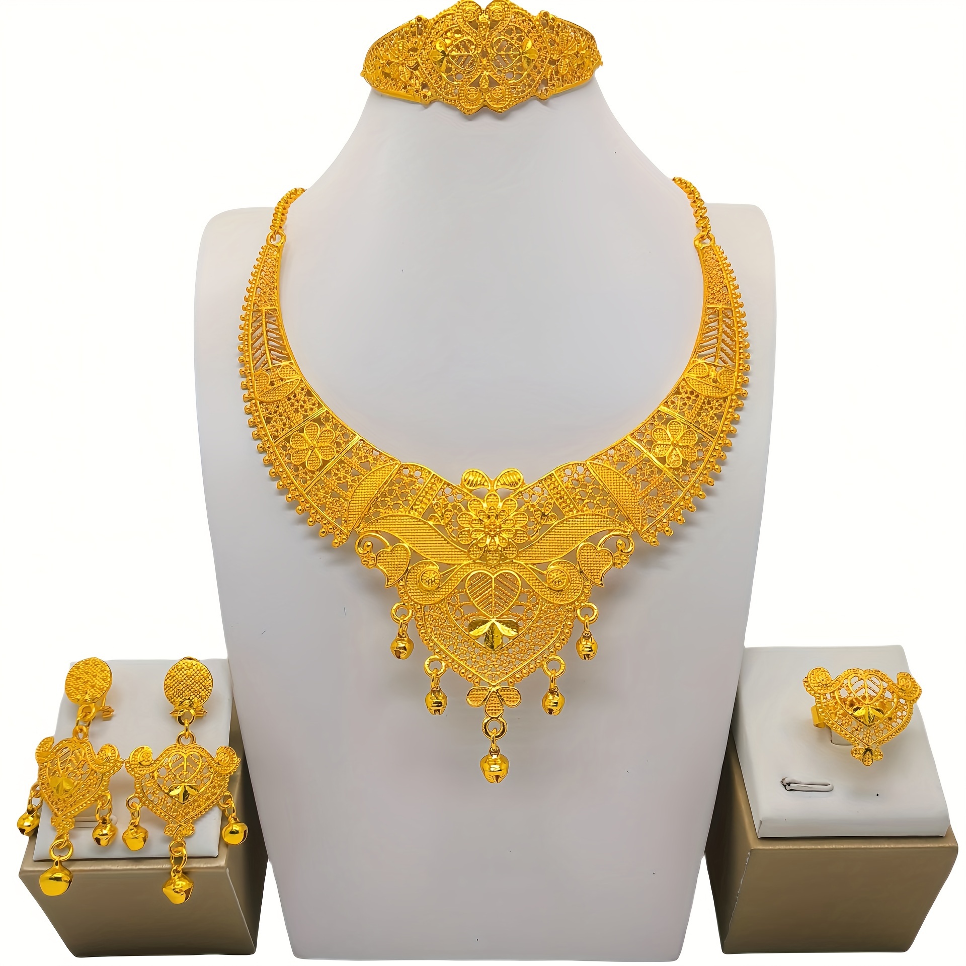 

Elegant Middle Eastern Bridal Jewelry Set, Vintage Luxury Women's Accessory For Wedding Banquet, 5-piece Set With Necklace, Earrings, Ring, Bracelet, Versatile Gold-plated Designs