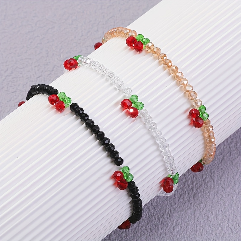 Cherry Bead Stretch Bracelet with Sparkling Crystals for Women