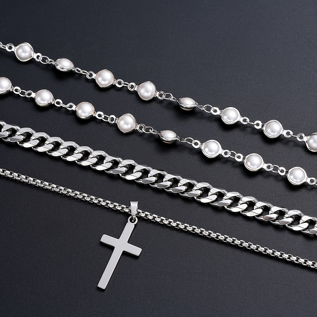 3 pièces collier y   pour homme avec croix en acier inoxydable et perles  , ensemble de chaînes superposées - cadeau idéal petit   (rencontre   vacances fête), accessoire élégant bijoux masculins design moderne     chaine multicouche   pour passionnés de joaillerie Détails du produit 4