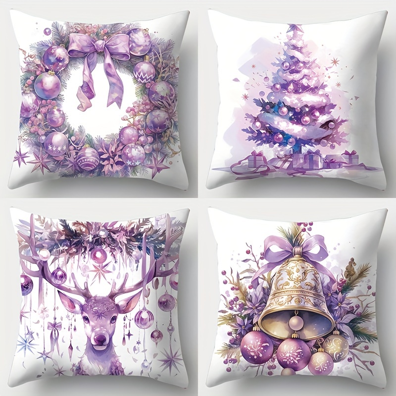 

4 Pcs New Christmas Purple Themed Pillow Set: Reindeer, Bell, Christmas Tree & More - 17.72 X 17.72 Inches, Suitable For Living Room Sofa, Bed, Bedroom Home Decoration - No Pillow