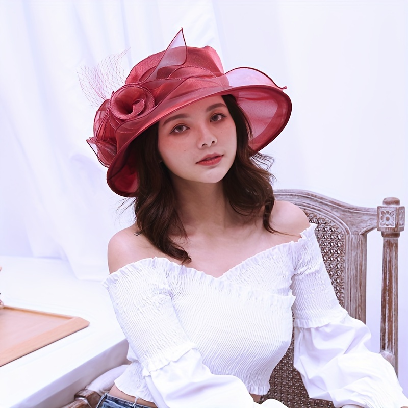 Elegant Organza Sun Hats Vintage Wide Brim Breathable Travel Beach Hats  Trendy Wedding Church Derby Hats For Women Girls