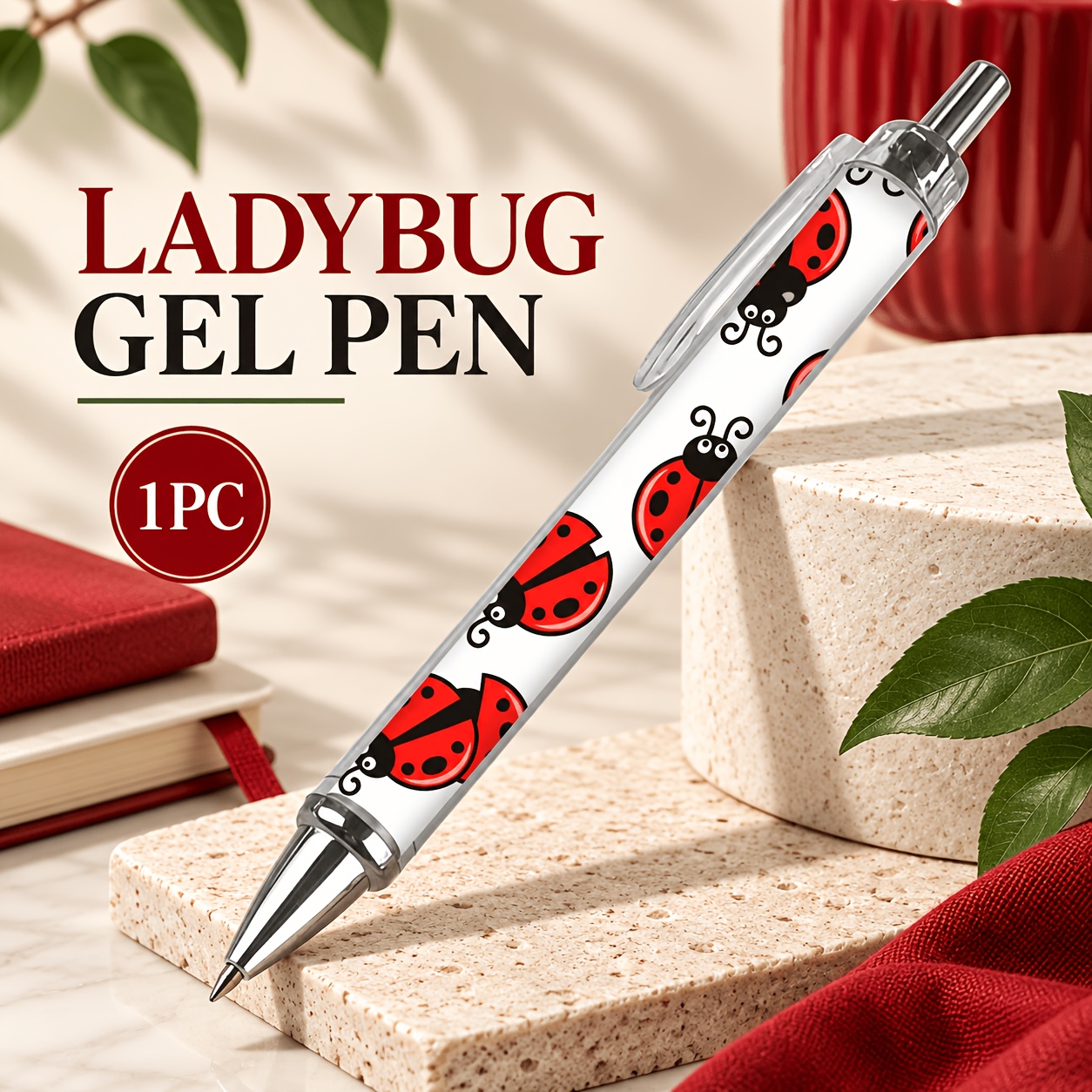 TEMU 1pc Ladybug Pattern Retractable Gel Pen, Cute Red And Black Insect Black Ink Writing Pen With Clear Clip For Journaling, Office, & Ladybug Lover