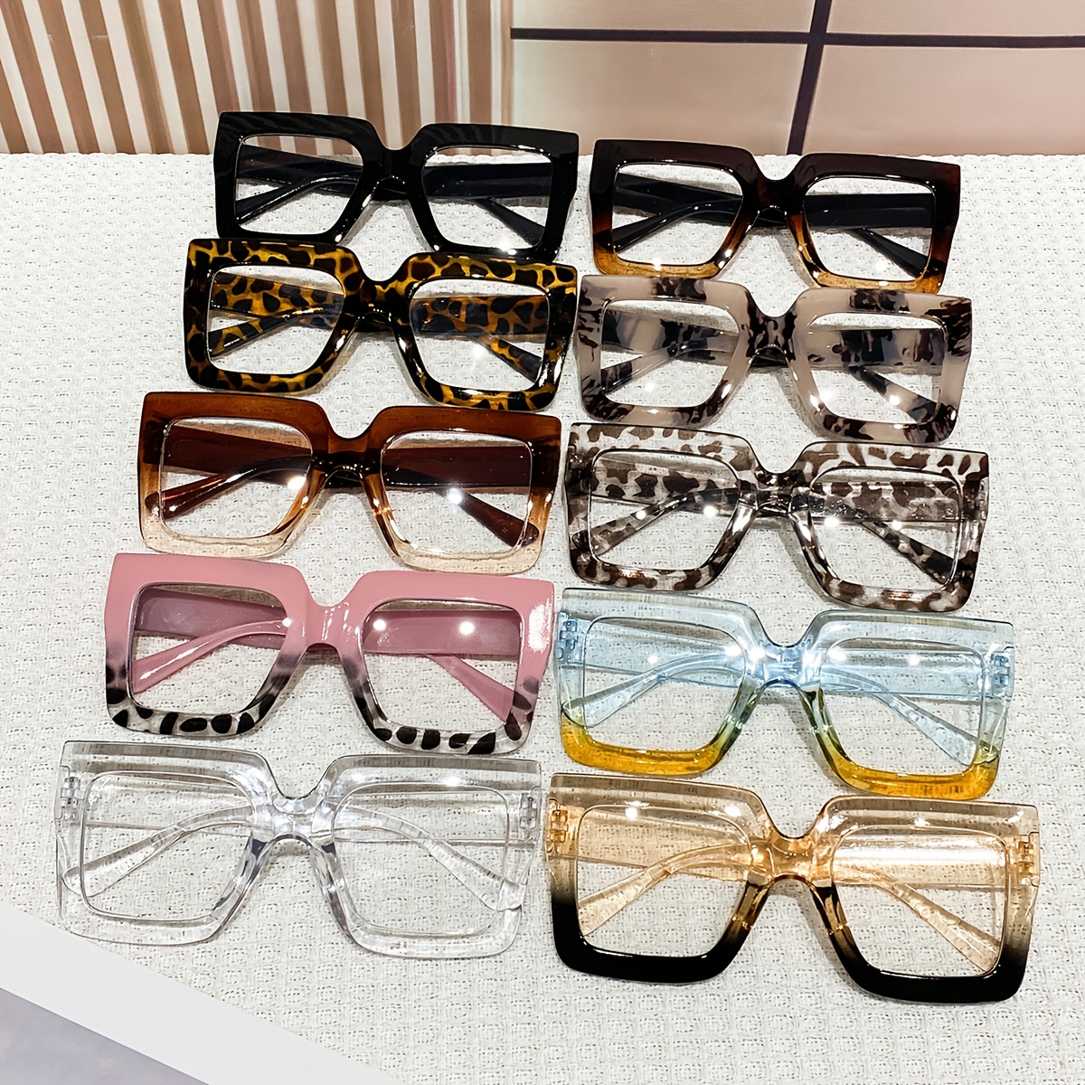 Image of 10 Pairs Of Women' Square Glasses, Featuring A , Simple, Cute, And With An American Trendy, Versatile, And Fashionable Look. Are Fashionable, Non- Glasses