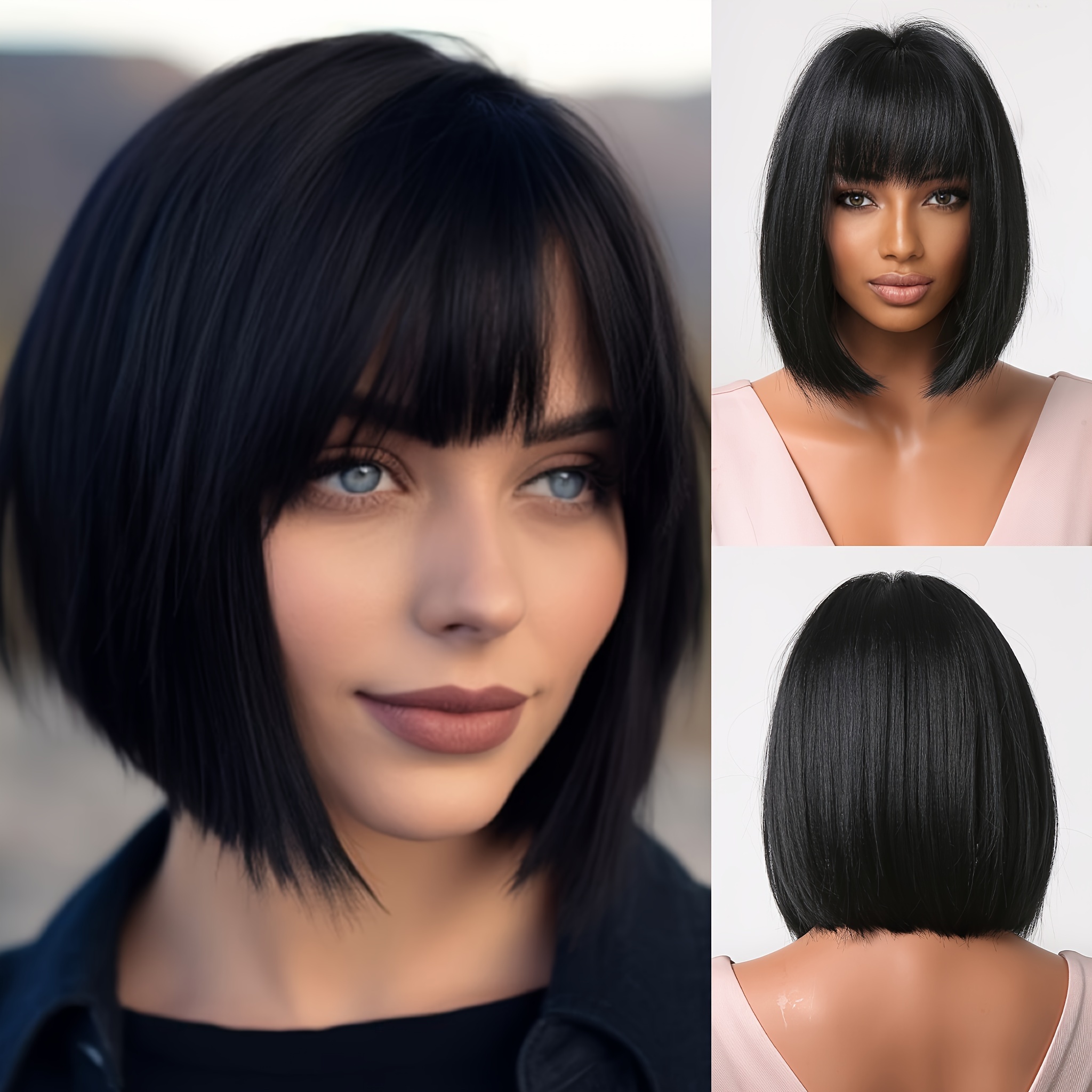 Straight Short Bob Wigs Bangs Women Elegant Synthetic Fiber Temu