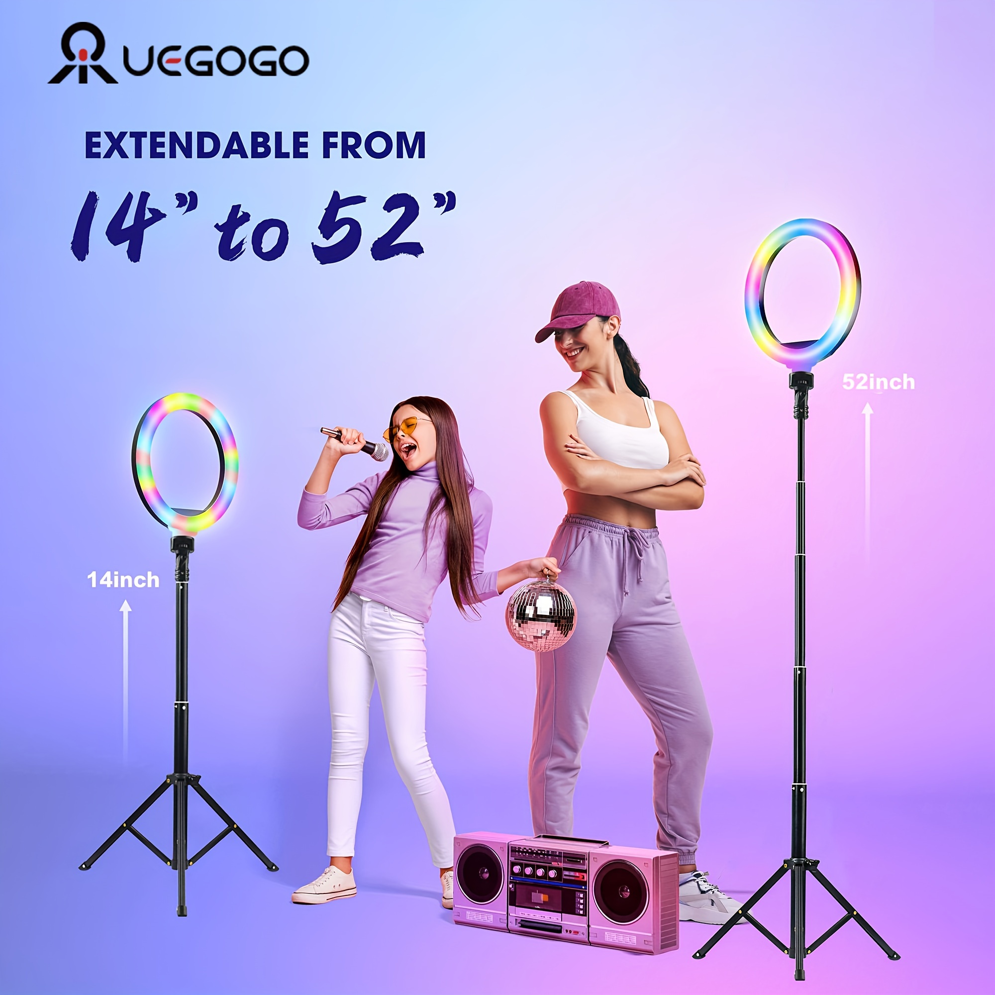 

Uegogo 10" Rgb Ring Light With Stand 62'' Tall & Phone Holder, 38 Color Modes Selfie Ring Light With Tripod Stand, Stepless Dimmable/speed For & Android