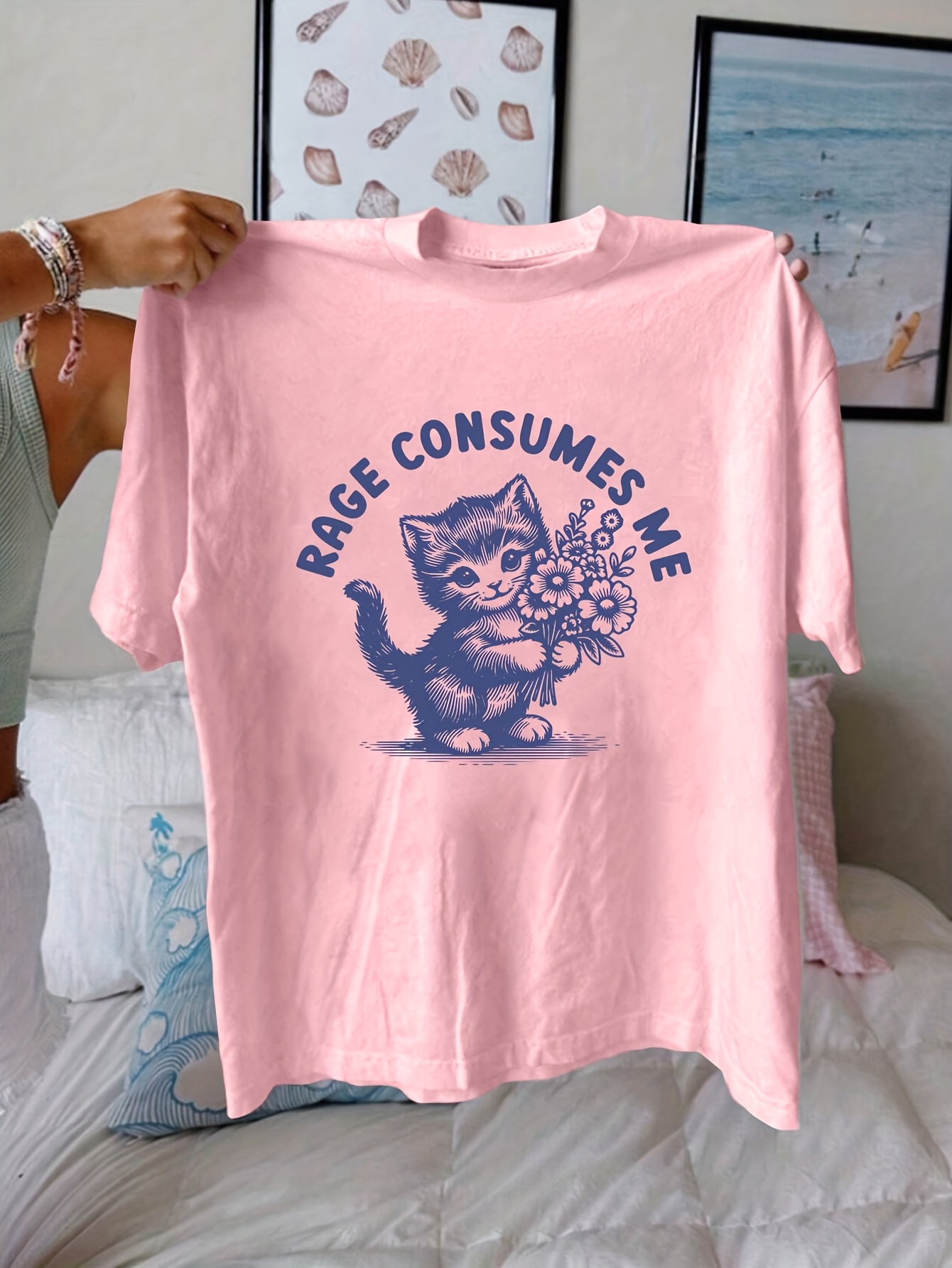 womens rage consumes graphic t shirt cartoon kitten flowers Temu