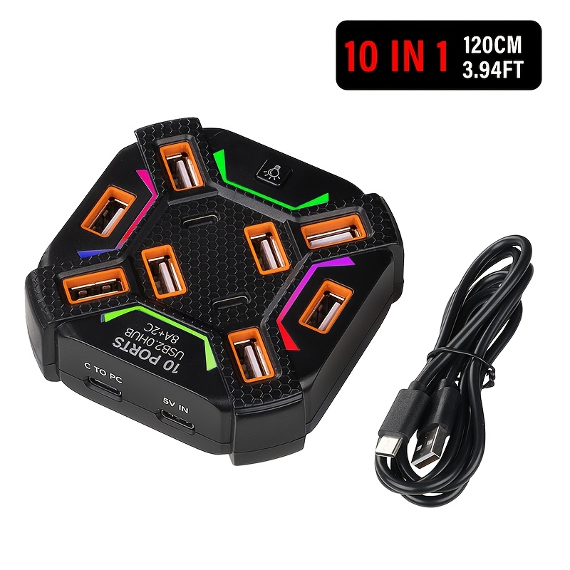 TEMU Focusonhome 1pc 10-in-1 Camera Dock With Ambient Light Usb 2.0 8 Usb Ports And 2 Type-c Ports Switch Control Supports External Power Cord Plug