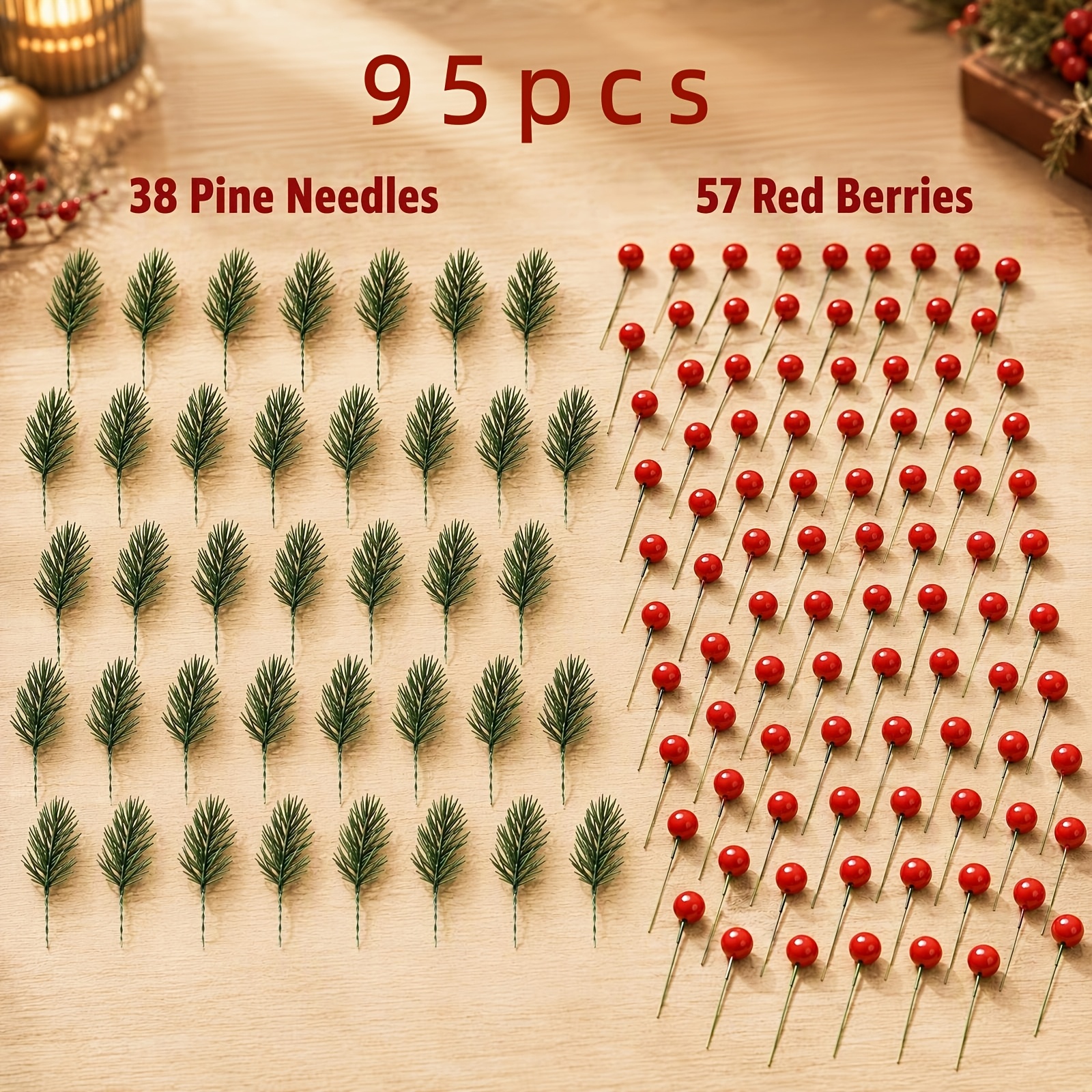 TEMU 95 pezzi di aghi di pino artificiali e rosse per Natale, 38 rami di pino e 57 di rosse, decorazioni natalizie per confezioni regalo di alberi di