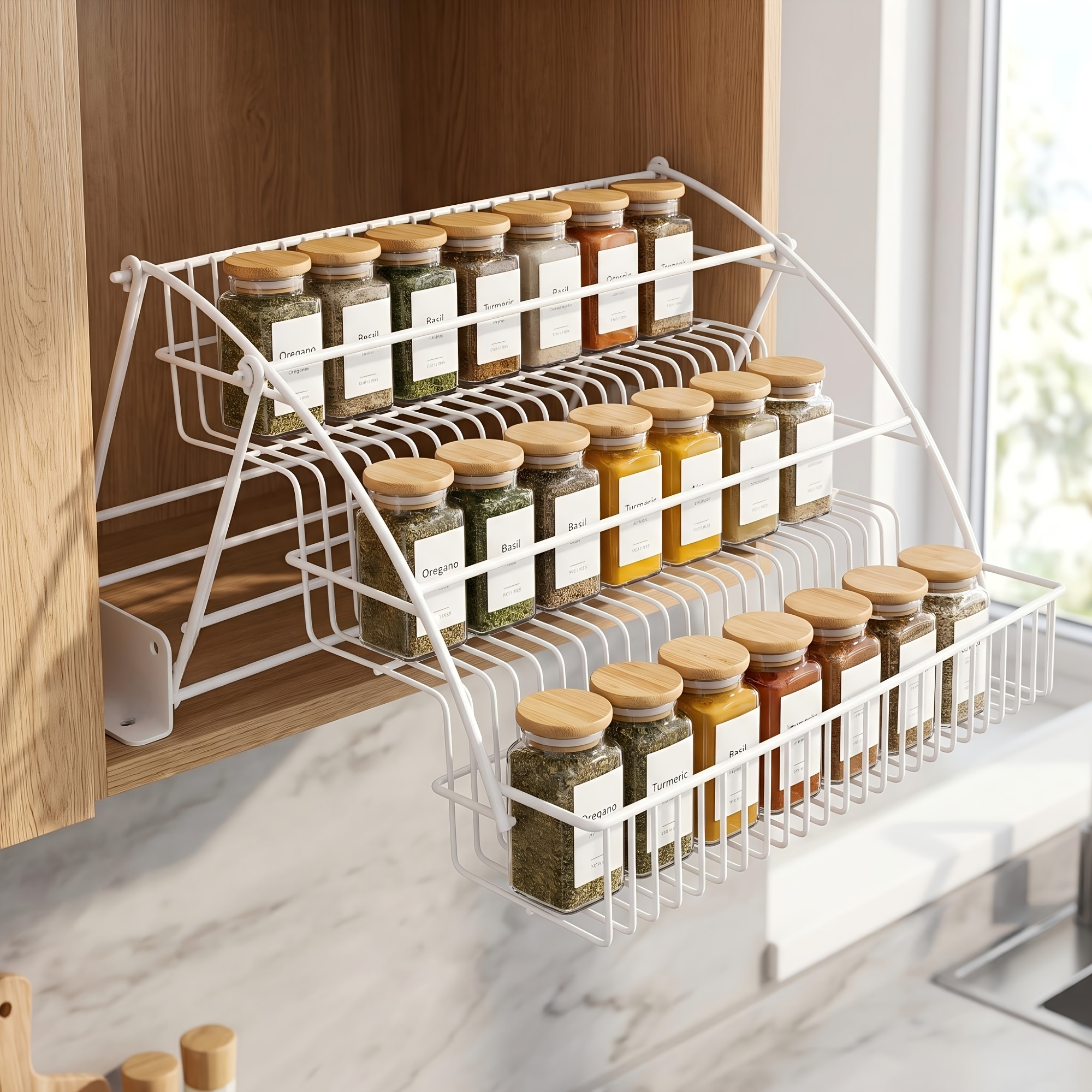 TEMU Docnest 3-tier Heavy Duty Pull Down Spice Rack For Cabinets - Space-saving Hanging Storage Shelf With Powder-coated & Pull-out Shelves,