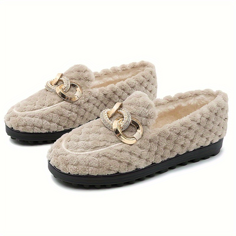 

Cozy Fleece-lined Women's Flats - Winter Warm Slip-on Loafers With Sparkle Detail, Soft Sole &