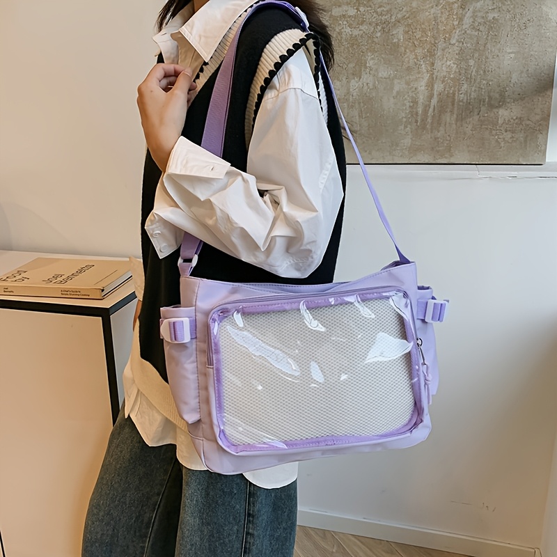 

Urban Style Nylon Tote Bag For Women, Casual Solid Color Shoulder Bag With Transparent Layer, Lightweight Zippered Handbag With Adjustable Strap And Polyester