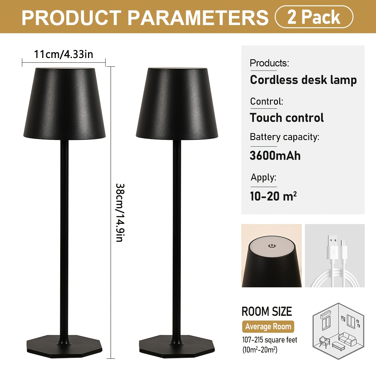 Image of 2-pack Cordless Charging Desk Lamp, Touch Control, 3 Color Temperature, Dimming, Led Portable Wireless Light, Suitable For Restaurants, Offices, Cafes, Bars, Outdoor Parties, Christmas Gifts
