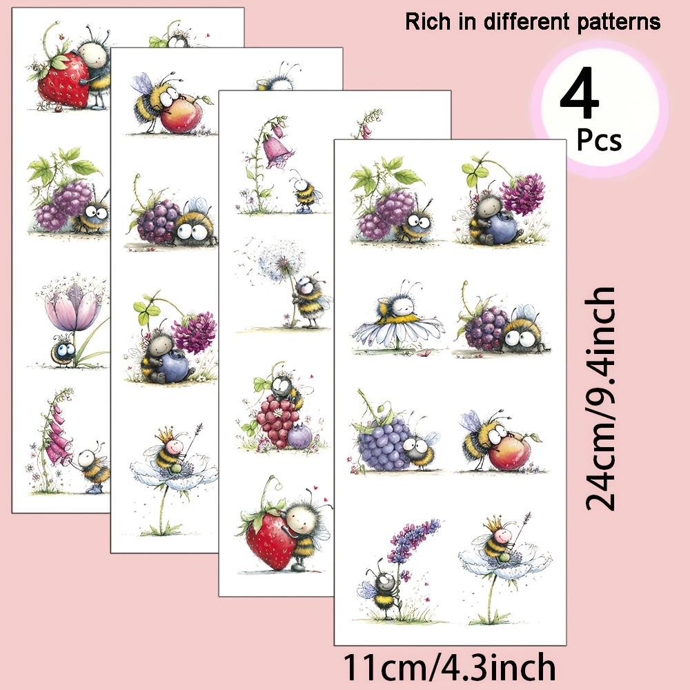 Image of 4pcs/set Watercolor Suitable For Diy Crafts, Self-adhesive Uv Transfer With Bee & Floral Patterns, Durable Plastic Suitable For Mugs, Laptops, Water Bottles, For Decorations, Room, Gifts