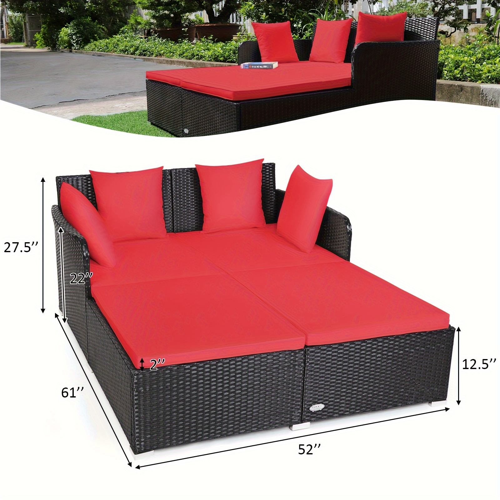 [Weather-Resistant | Rattan] Costway 2-Person Weather-Resistant Rattan Daybed with Cushions and Pillows | Modern Outdoor Sofa | Durable Patio Furniture, 800 lbs Capacity, Turquoise & Red Accents, Includes Instruction Manual