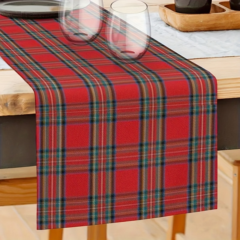 

Merry Christmas Table Runner - Red & Green Plaid Polyester, Festive Holiday Decor For Home, Perfect Gift Idea