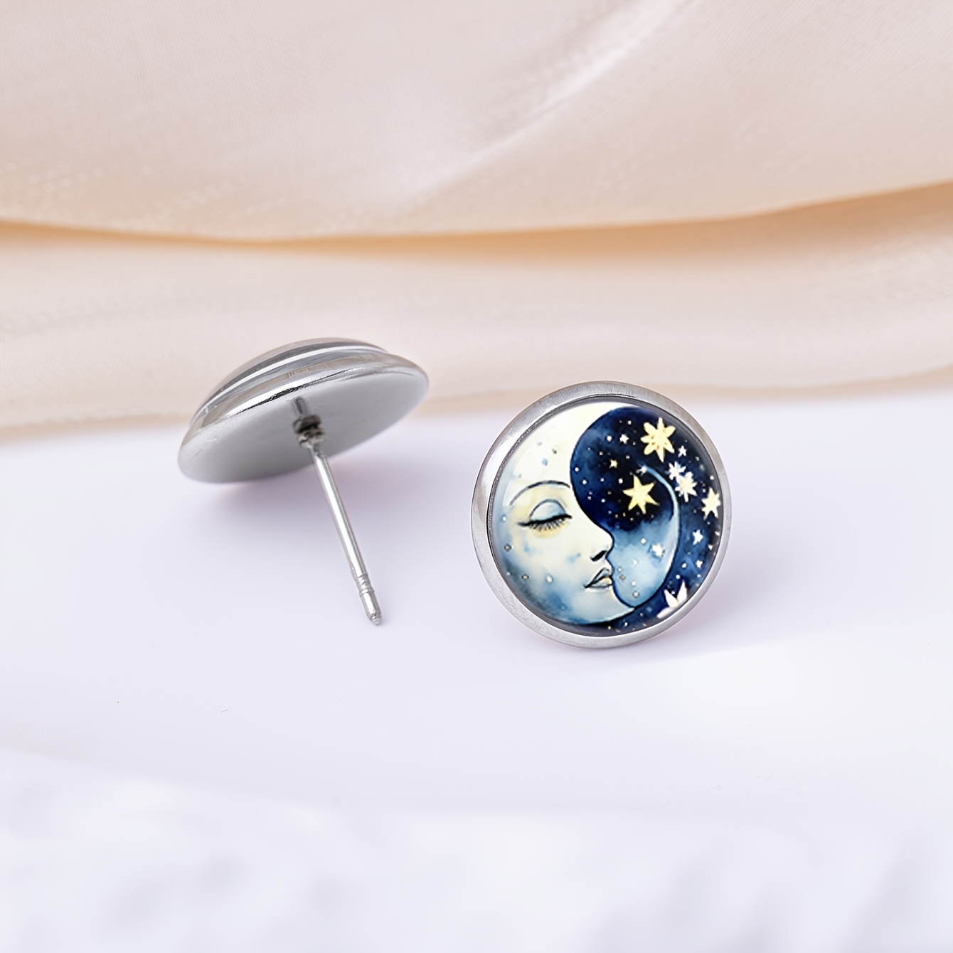 Dreamy Moon Face and Star Pattern Stud Earrings