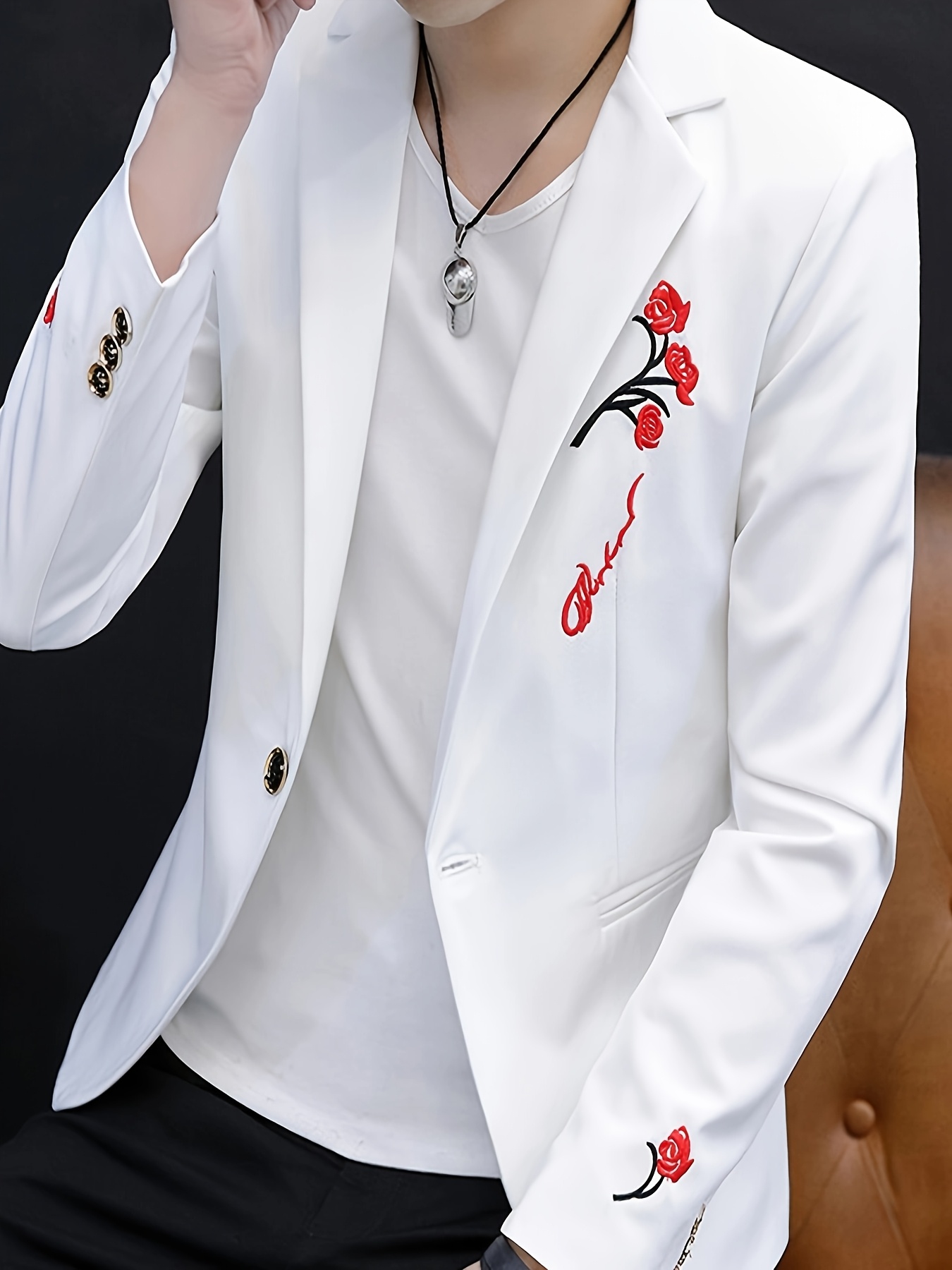 Men's Casual Slim-Fit Blazer | Polyester Suit Jacket with Floral Embroidery | Notched Lapel, Long Sleeves | Button Details | Ideal for Spring/Autumn | Dry Clean Only, Stylish Formal Attire | Notched Lapel Design | Smooth Texture Fabric