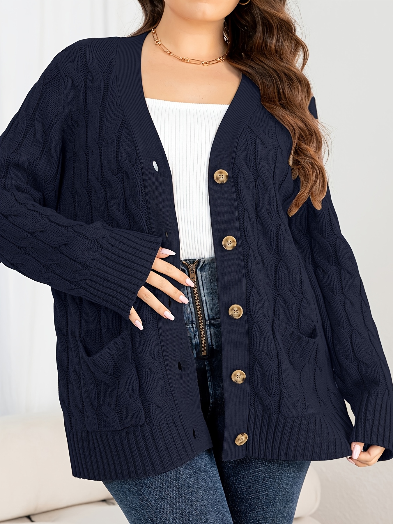 Women'S Plus Size Elegant Navy Blue Cable Knit Cardigan, Acrylic 100% Long  Sleeve V-Neck Oversized Coat with Button Detail, High Stretch Knit Fabric, 