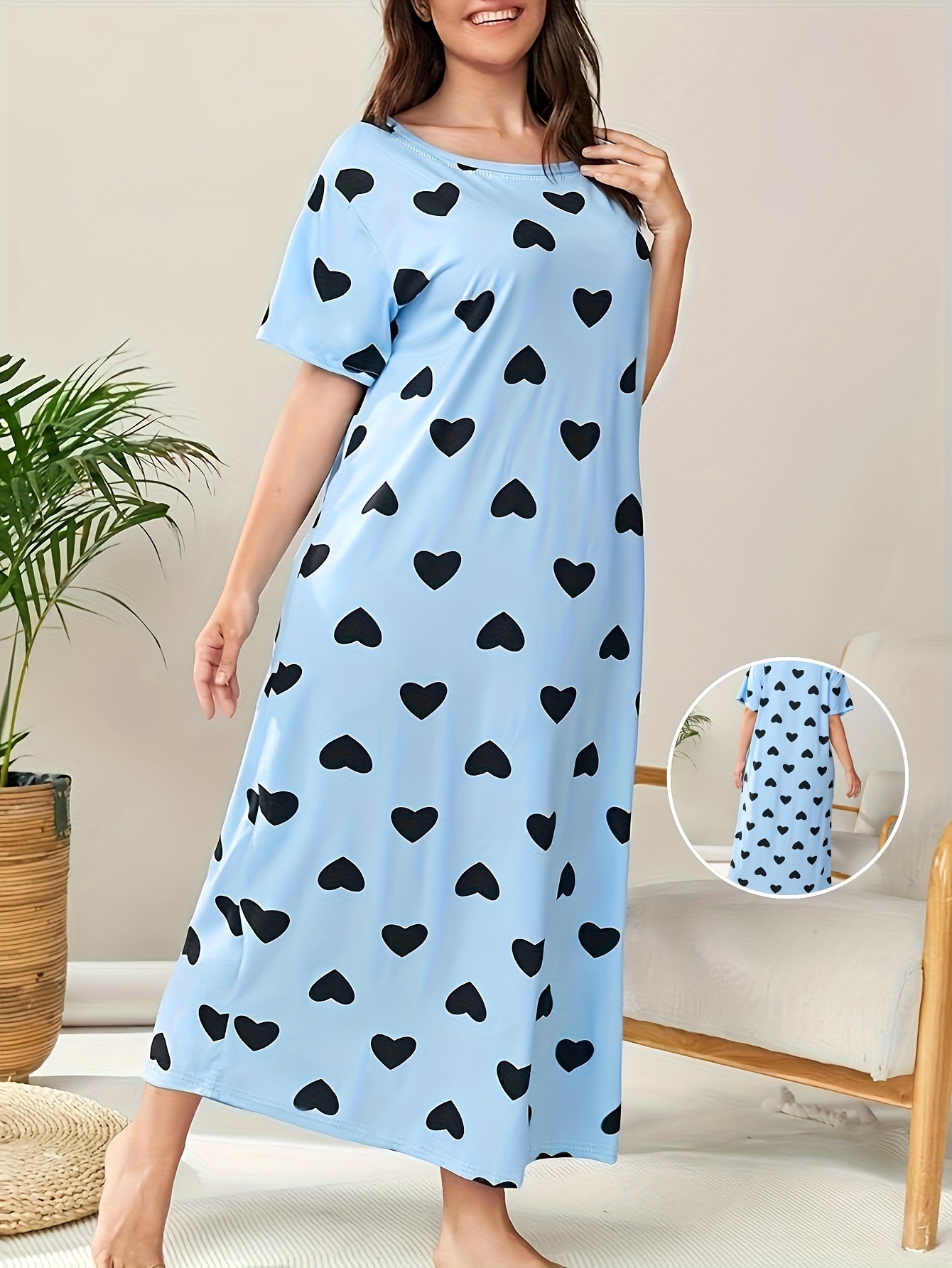 Women's Plus Casual Sleep Dress, Plus Size Heart Print Short Sleeve Crew Neck Nightdress