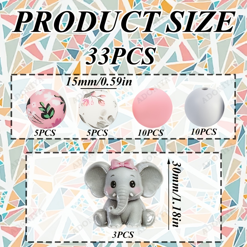 TEMU 33pcs Perles en Résine d'Animaux en Silicone de 15 mm, Perles Colorées Imprimées Printemps Été, Ensemble Mélange de Silicone et de Résine, pour
