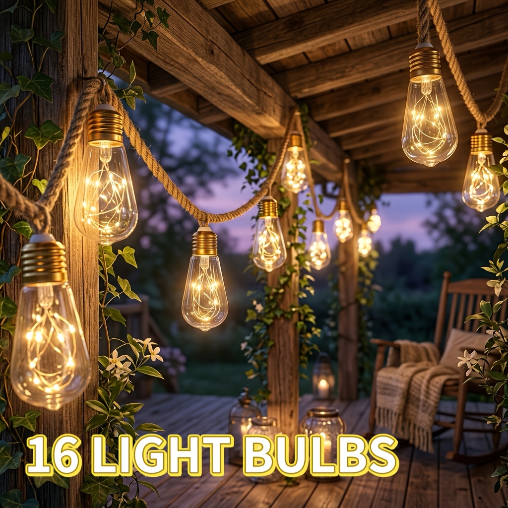 TEMU 24/16/8LED Solar Hennep Touw Papaja String Lights Set, Warm Wit Buiten Decoratieve Verlichting, IP44, 8 Verlichtingsmodi voor Tuin, Patio,