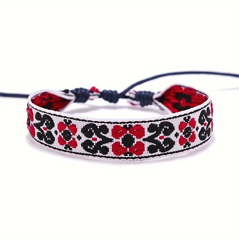 1pc Ethnic Style Boho Bracelet Handmade Vintage Printed Knitted Fabric Handstring Ladies Daily Wear Accessory Gift