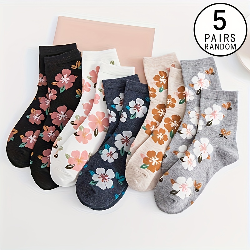 Image of 5 Pairs Of Random Color Women's Mid-calf Socks, Ins Trendy Retro Flower, Versatile, Comfortable, Casual, Sports, Long Socks