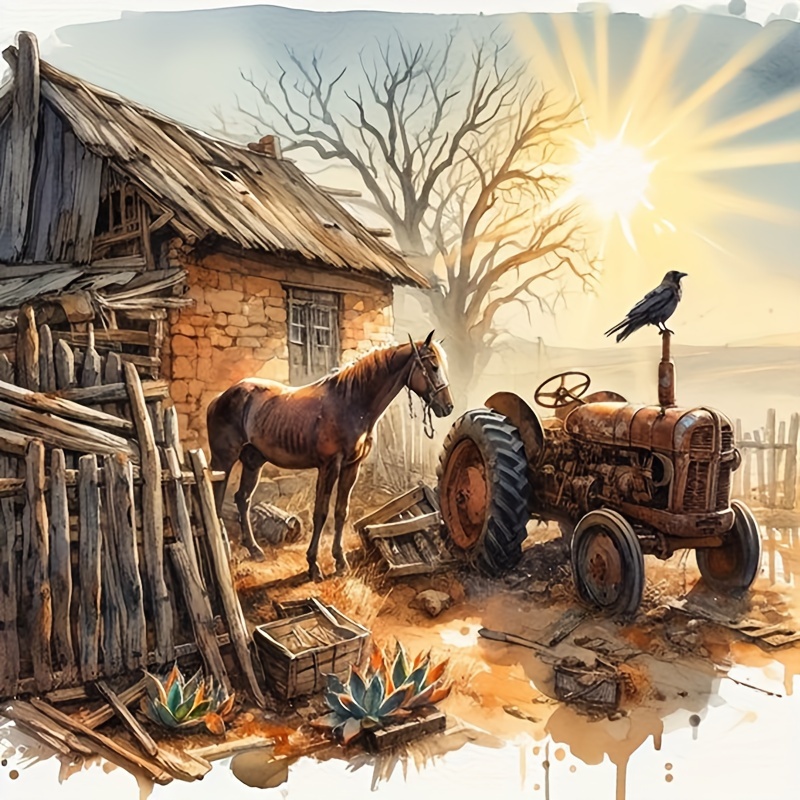 

5d Diy Diamond Painting Kit - Rustic Cabin & Horse Scene - Full Round Drill Canvas Art, Craft Gift For Beginners & Enthusiasts, Ideal For Home Decor - Animal Themed Diamond Art Kit