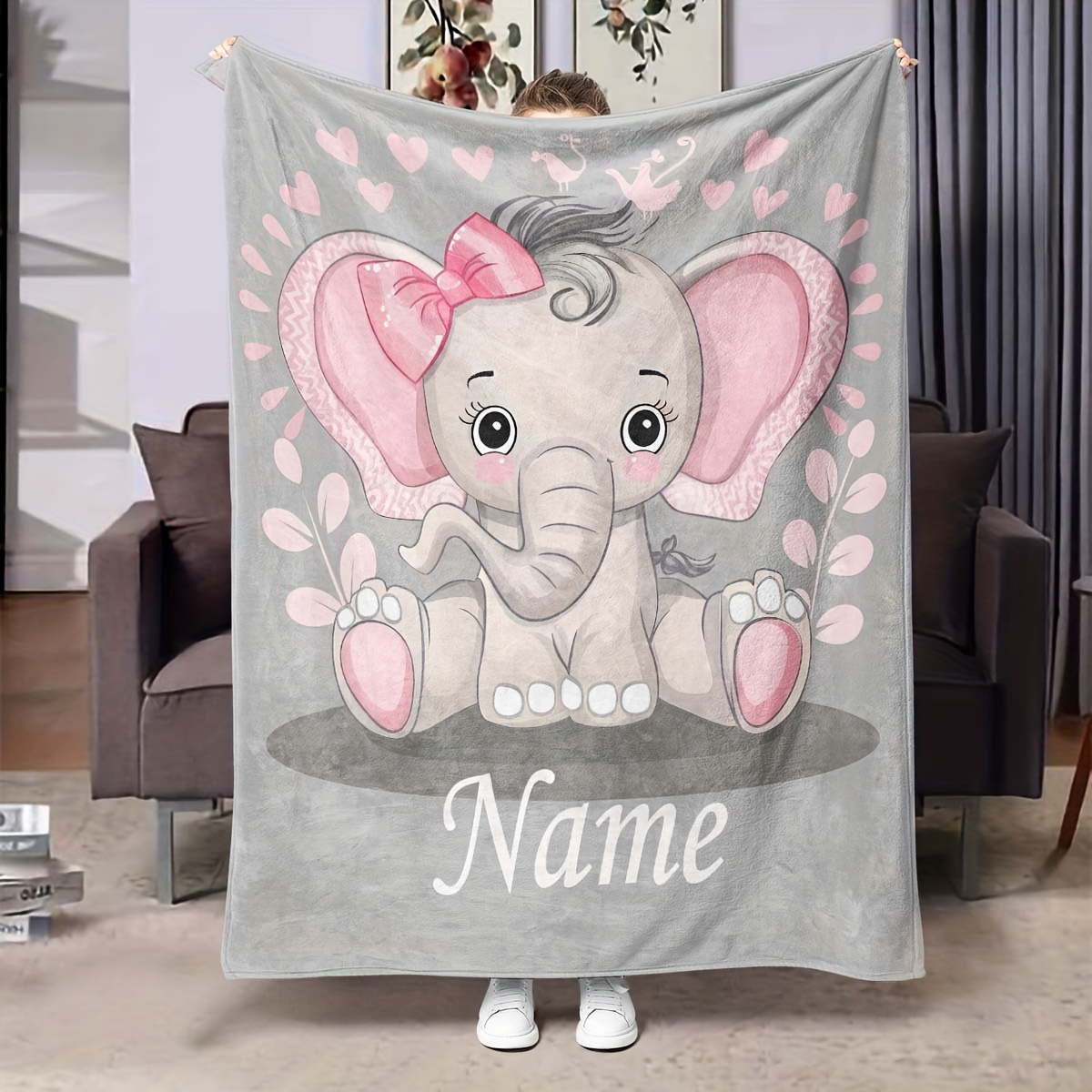 

Customizable Cute Elephant Flannel Fleece Throw Blanket With Name Personalization - Cozy Warm Knitted Sofa Blanket For Living Room, Office, Nap - Unique Gift 1pc